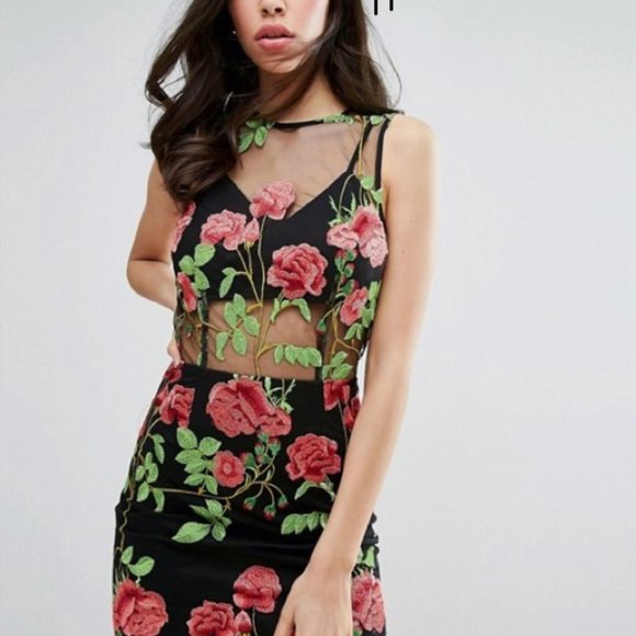 Missguided Rose Black Floral sheer dress - Size US 4 - Picture 1 of 13